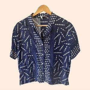 Alex Mill Navy Blouse White Heart Arrow Print Short Sleeve Button Down sz S